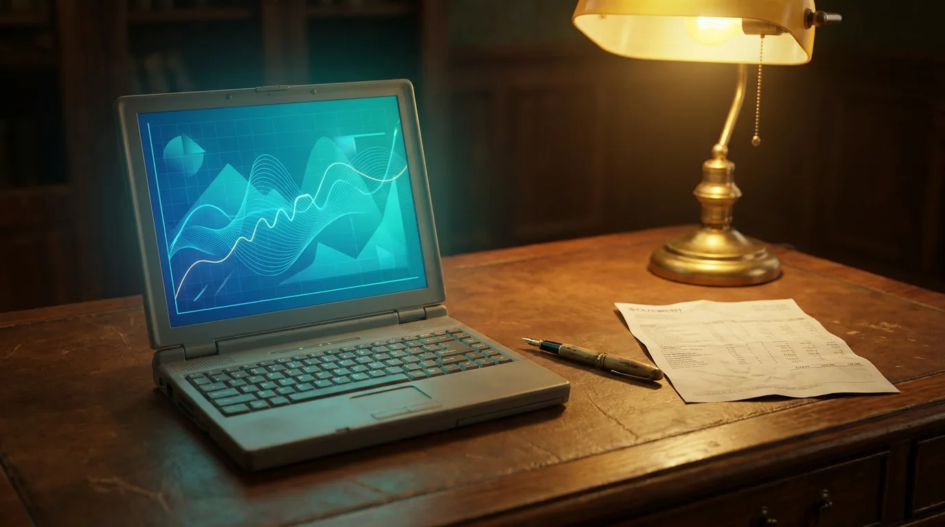 Laptop με οθόνη τραπεζικής μεταφοράς δίπλα σε γραφική ύλη, σύμβολο ανάληψης μέσω τραπεζικού λογαριασμού