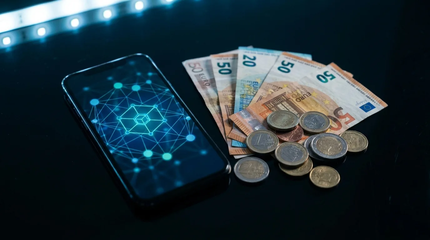 Smartphone με αφηρημένο γράφημα blockchain δίπλα σε κέρματα ευρώ, σύμβολο ανάληψης σε κρυπτονόμισμα